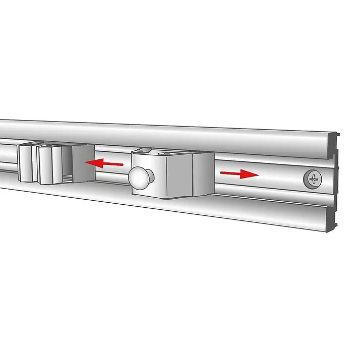 Wagner System Wandhalterung Knopfhaken - L x B x H: 49 x 52 x 37 mm, 2 Stk. - Silbernes Aluminiumprofil mit zwei verschiebbaren Anschlägen und Schraube, rote Pfeile zeigen Bewegungsrichtung.
