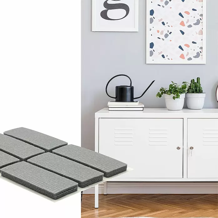 Wagner System Softpads - L x B x H: 44 x 16 x 4 mm, 12 Stk., Grau, Kleben - Sechs graue rechteckige Klebefilz-/Schaumstoffpads zum Möbelschutz.