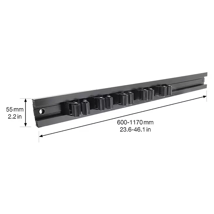 Wagner System Wandhalterung - L x B x H: 1.170 x 10 x 55 mm, Geeignet für: Wandmontage - Schwarz, wandmontierter Besen- und Mopphalter mit mehreren verstellbaren Greifern, Maße 55mm Höhe und 600-1170mm Länge.