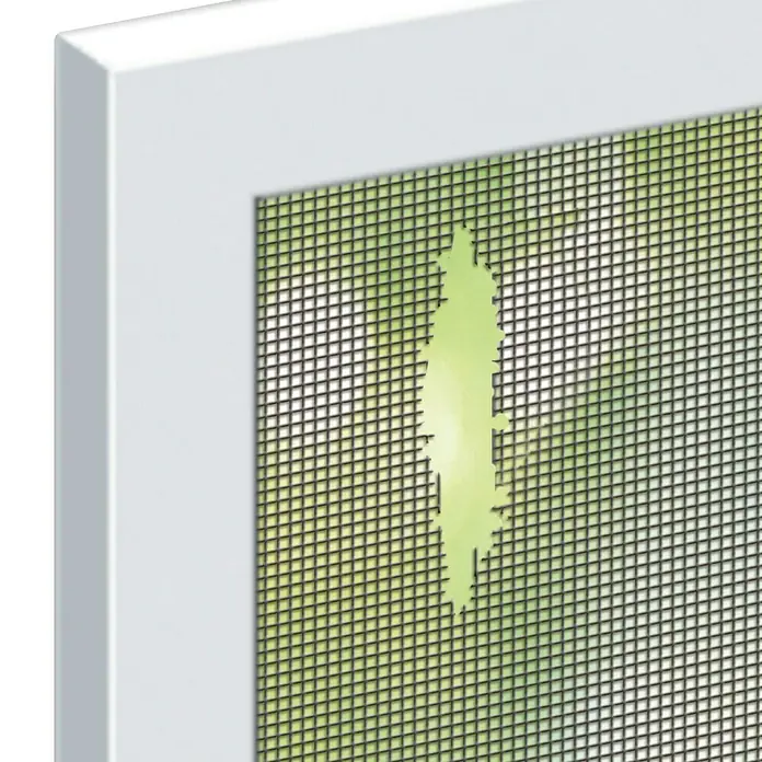 Schellenberg Insect System Cinta de reparación - L x An: 100 x 5 cm, Antracita - Primer plano de un marco de ventana con un agujero en la mosquitera, que ofrece una vista del exterior.
