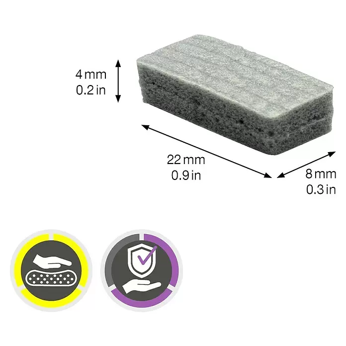 Wagner System Softpads - L x B x H: 22 x 8 x 4 mm, 24 Stk., Grau, Kleben - Grau rechteckiges Schaumstoffpad, 22x8x4mm, mit Symbolen für Scheuern und Schutz.