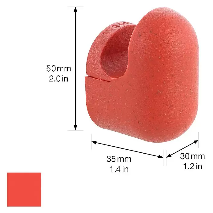 Wagner System Garderobenhaken PILL - L x B x H: 35 x 30 x 50 mm, Korallenrot, 1 Stk. - Roter, gesprenkelter C-förmiger Halter mit angegebenen Maßen.