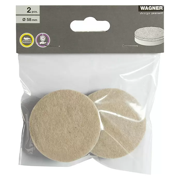 Wagner System Filzgleiter - Ø x H: 58 x 15 mm, 2 Stk., Beige, Kleben - Zwei runde, beigefarbene 58mm Filzgleiter für Möbelschutz, verpackt.