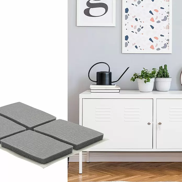Wagner System Softpads - L x B x H: 36 x 22 x 4 mm, 8 Stk., Grau, Kleben - Vier graue, rechteckige Schaumstoff-Möbelgleiter zum Schutz von Böden und zur Geräuschdämpfung.