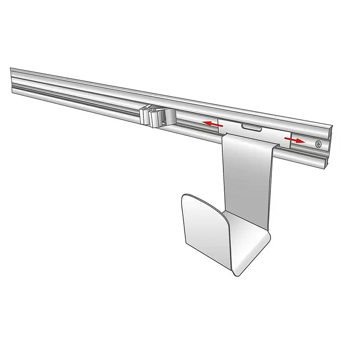 Wagner System Wandhalterung Kabelaufnahme - L x B x H: 103 x 127 x 245 mm, 1 Stk. - Silbernes Aluminium-Vorhangschienensystem mit verstellbarem Gleithaken. Rote Pfeile zeigen die horizontale Bewegung an.