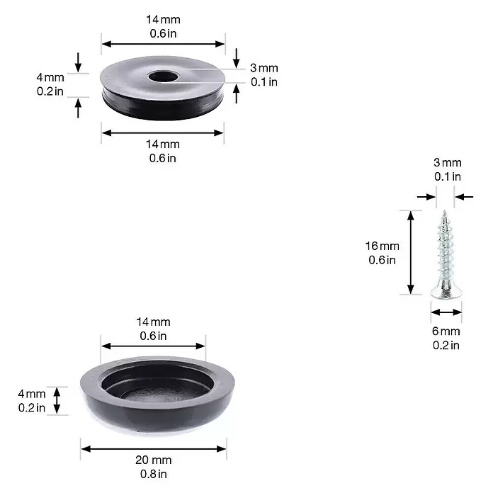 Wagner System Möbelgleiter - Durchmesser: 20 mm, Schrauben - Schwarze Kunststoff-Unterlegscheibe und Abdeckkappe mit Maßen, plus silberne Holzschraube.