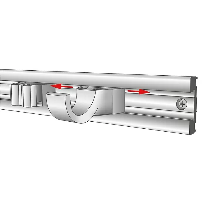 Wagner System Wandhalterung Haken Groß - L x B x H: 90 x 52 x 38 mm, 1 Stk. - Silbergraues Schienensystem mit Kunststoffgleitern/Haken, rote Pfeile zeigen horizontale Bewegung.