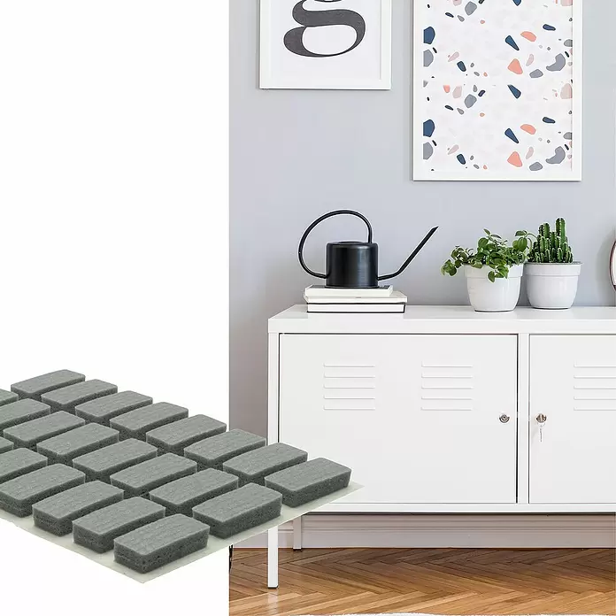 Wagner System Softpads - L x B x H: 16 x 8 x 4 mm, 24 Stk., Grau, Kleben - Graue rechteckige Filzgleiter auf einem Klebebogen.