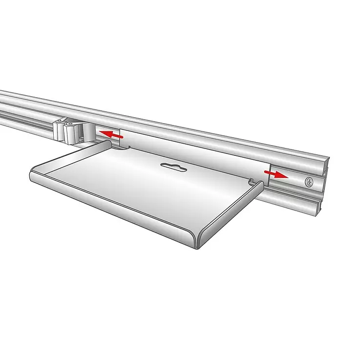 Wagner System Wandhalterung Ablage - L x B x H: 130 x 220 x 45 mm, 1 Stk. - Silbergraue Ablage wird mit roten Pfeilen in ein Schienensystem eingeschoben.