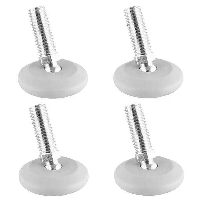 Wagner System Regulierschrauben - Durchmesser: 37 mm, Gewinde: M 10, Weiß - Vier graue Kunststoff-Justierfüße mit Gewindebolzen aus Metall zur Höhenverstellung von Möbeln oder Maschinen.