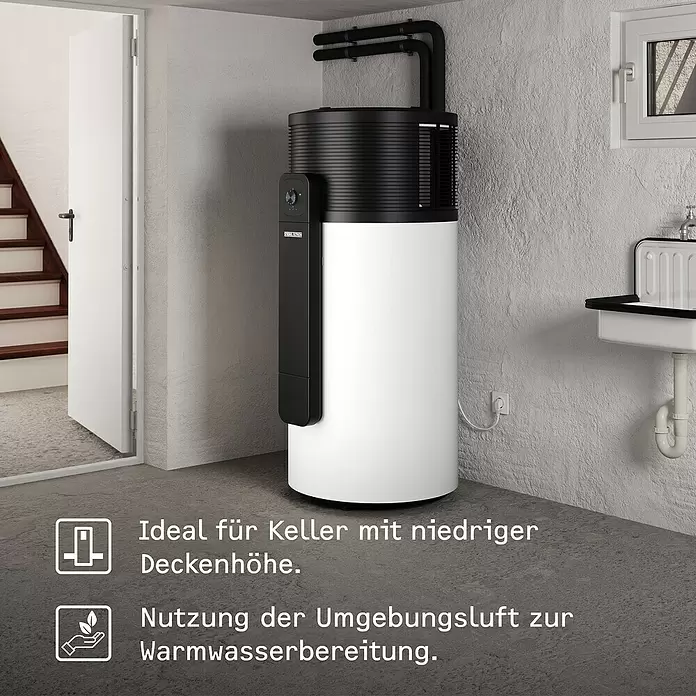 Stiebel Eltron Warmwasser-Wärmepumpe WWK-I 200 Plus - Heizleistung: 1,845 W, Fassungsvermögen: 200 l - Ein weiß-schwarzer zylindrischer Stiebel Eltron Warmwasserspeicher steht im Keller, mit Rohren verbunden, für Warmwasser.