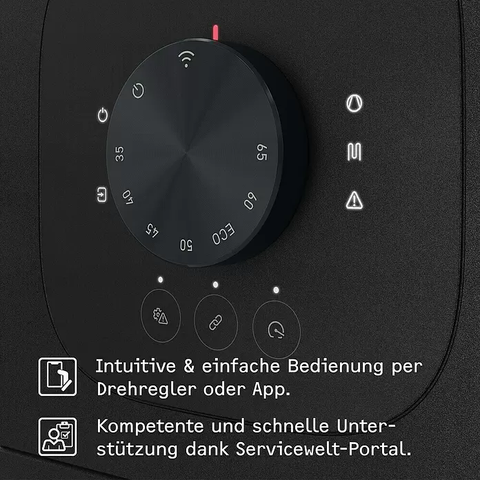 Stiebel Eltron Warmwasser-Wärmepumpe WWK-I 300 Plus - Heizleistung: 1,845 W, Fassungsvermögen: 300 l - Dunkles Bedienfeld mit Drehregler (Zahlen, ECO-Modus, WLAN, Power). Enthält verschiedene Kontrollsymbole.
