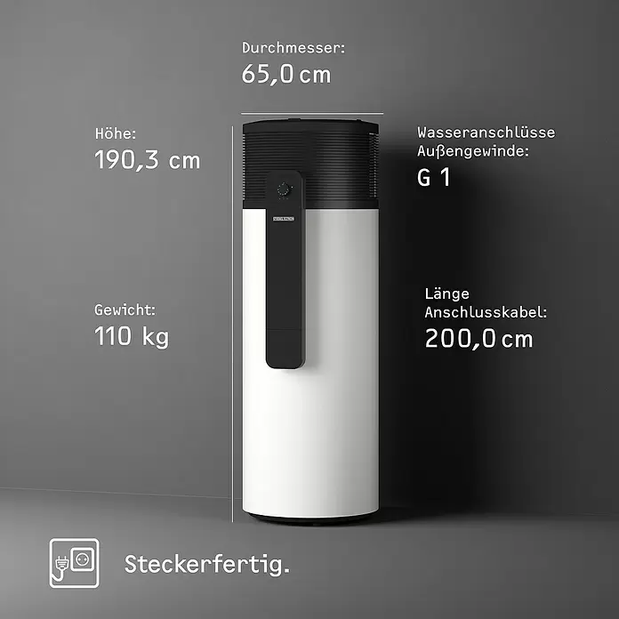 Stiebel Eltron Warmwasser-Wärmepumpe WWK-I 300 Plus - Heizleistung: 1,845 W, Fassungsvermögen: 300 l - Weiß-schwarzer zylindrischer Stiebel Eltron Warmwasserspeicher mit Bedienfeld.