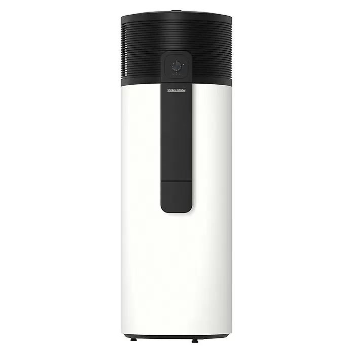 Stiebel Eltron Warmwasser-Wärmepumpe WWK-I 300 Plus - Heizleistung: 1,845 W, Fassungsvermögen: 300 l - Moderner, hoher Stiebel Eltron Warmwasser-Wärmepumpenspeicher, weiß mit schwarzem geripptem Oberteil und zentraler schwarzer Leiste mit Bedienfeld.