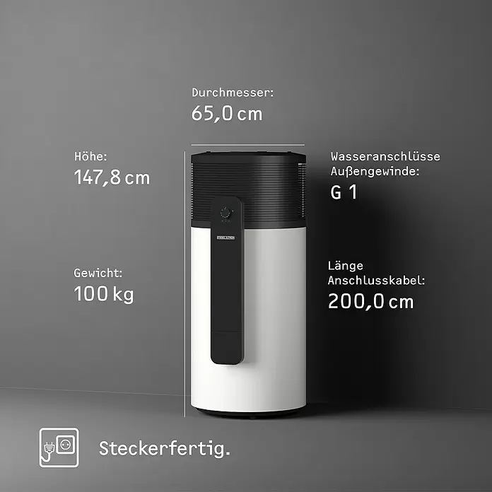 Stiebel Eltron Warmwasser-Wärmepumpe WWK-I 200 Plus - Heizleistung: 1,845 W, Fassungsvermögen: 200 l - Weißes Stiebel Eltron zylindrisches Gerät mit schwarzem Oberteil, 147,8 cm H, 65,0 cm D, 100 kg. G1 Wasser, 200 cm Kabel. Steckerfertig.