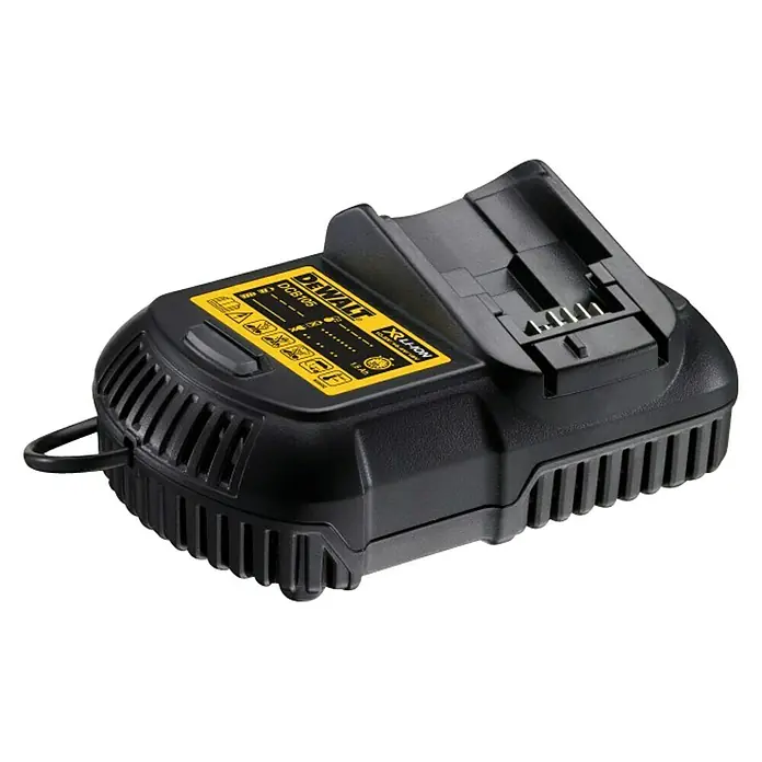 DeWalt XR 18V Taladro atornillador percutor de batería DCD795D2 - 18 V, 2 baterías, 2 Ah, 60 Nm - Primer plano de un cargador de batería negro DeWalt DCS105 XR Li-Ion para herramientas eléctricas, ideal para cargar baterías XR.