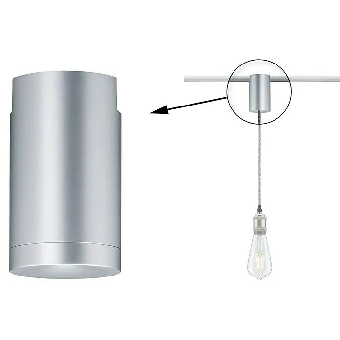 Paulmann URail Adaptador de péndulo Universal - Cromado mate, Altura: 10,6 cm - Imagen de un foco de techo moderno de color plata. El diseño es sencillo y elegante, ideal para interiores modernos.