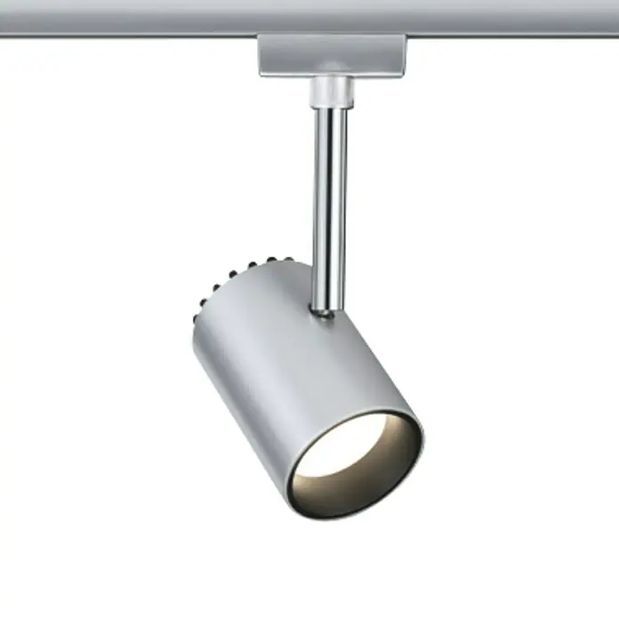 Paulmann URail LED-Leuchte Shine - L x B x H: 9 x 5,9 x 18 cm, 5 W, Chrom matt - Nahaufnahme einer silbernen Schienenleuchte.