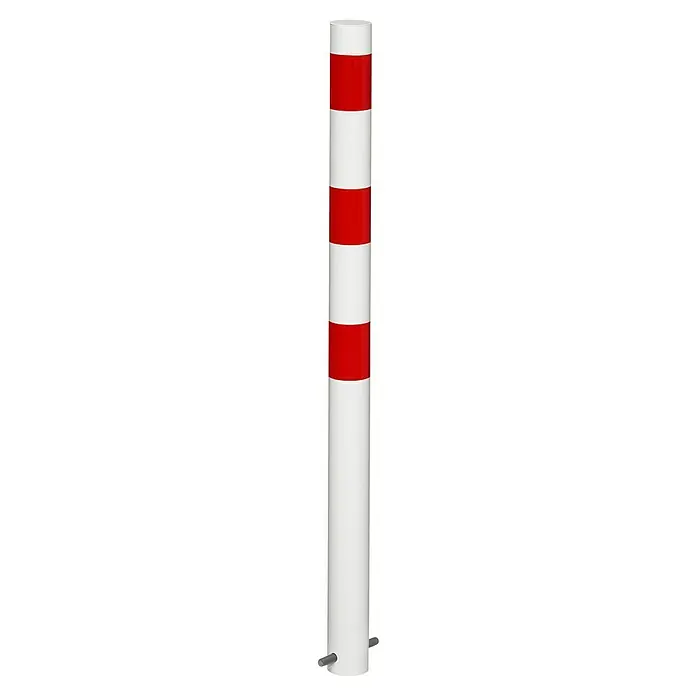 Sperrpfosten -  - Abgebildet ist ein weiß-rot gestreifter Leitpfosten. Der Pfosten dient zur Verkehrsleitung und ist ein auffälliges Sicherheitsmerkmal im Straßenverkehr.