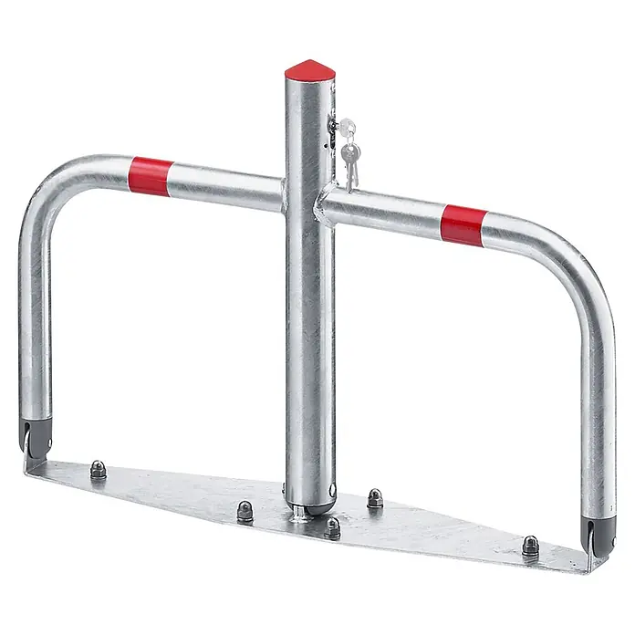 Urbanus Barra de bloqueo de seguridad - An x Al: 760 x 500 mm, Acero, Cerradura de cilindro de perfil, Tipo de montaje: Atornillado, Gris/Rojo - Barrera de aparcamiento plegable de metal plateado con franjas y tapa rojas, incluyendo llaves, para reservar plazas.