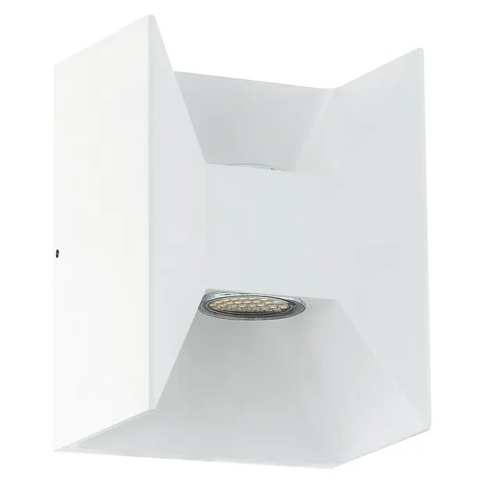 Eglo Aplique exterior LED Morino - 5 W, 10,5 x 14 x 18 cm, Blanco, IP44 - Primer plano de un aplique de pared blanco y moderno con iluminación LED, creando un ambiente elegante.