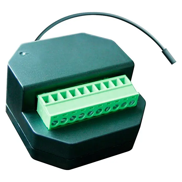 Schellenberg Receptor inalámbrico 20018 - Negro, Específico para: Motores, toldos y estores eléctricos - Dispositivo electrónico con bloque de terminales verde y cable. El dispositivo está alojado en una carcasa hexagonal oscura.