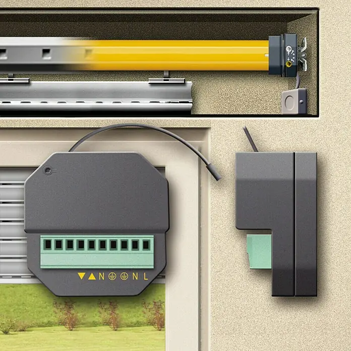 Schellenberg Receptor inalámbrico 20018 - Negro, Específico para: Motores, toldos y estores eléctricos - Imagen del producto de un moderno sistema de persianas enrollables con control electrónico para un funcionamiento cómodo.