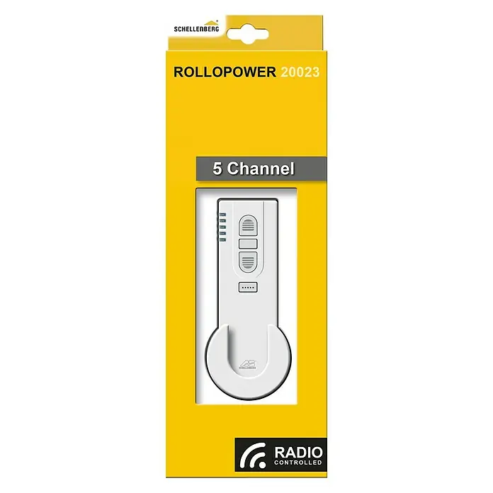 Schellenberg Control remoto con 5 canales - Blanco, Específico para: Enrollador de cable para persianas Schellenberg - Imagen del control de persiana Schellenberg RolloPower 20023 con 5 canales. Control de persiana por radio.