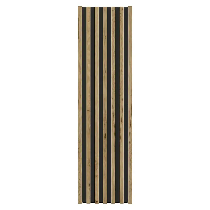 Hochschrank Line - B x T x H: 34,3 x 35,8 x 125 cm, Gold Craft Eiche/Schwarz, Strukturiert - Holzpaneel für die Wandgestaltung. Das Paneel hat eine natürliche Holzoptik und ist durch schwarze Streifen getrennt, die einen modernen Akzent setzen.