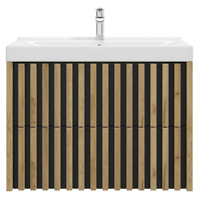 Badmöbel-Set Line - 81 cm, Gold Craft Eiche/Schwarz, Strukturiert - Moderner Waschtisch mit Holzlatten-Design und weißem Aufsatzbecken. Die Armatur ist mittig platziert.