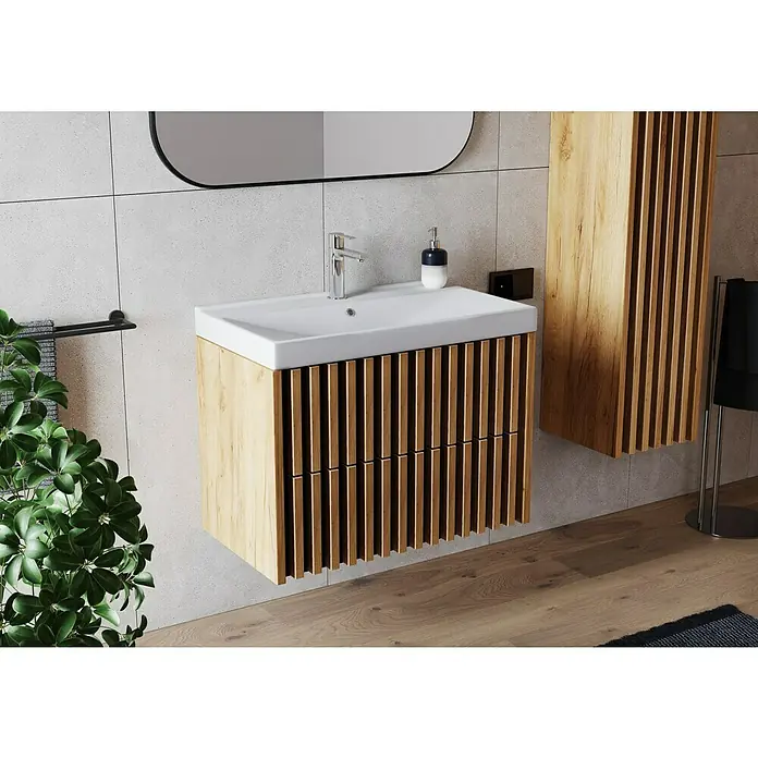 Badmöbel-Set Line - 61 cm, Gold Craft Eiche/Schwarz, Strukturiert - Moderne Badmöbel mit Waschbecken und Holzoptik, hängend montiert, mit vertikalen Lamellen, die ein stilvolles Design im Badezimmer schaffen.