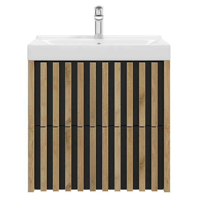 Badmöbel-Set Line - 61 cm, Gold Craft Eiche/Schwarz, Strukturiert - Modernes Badezimmermöbel mit Waschbecken und Unterschrank mit Holzlatten-Design.