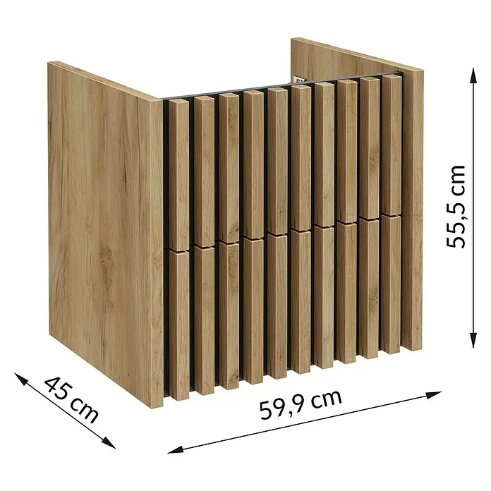 Badmöbel-Set Line - 61 cm, Gold Craft Eiche/Schwarz, Strukturiert - Produktbild eines modernen Waschtischunterschranks mit Holzoptik und den Maßen 55,5 x 59,9 x 45 cm.