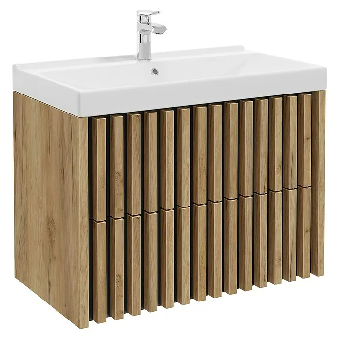Badmöbel-Set Line - 81 cm, Gold Craft Eiche/Schwarz, Strukturiert - Moderner Waschtischunterschrank mit Holzverkleidung und Keramikwaschbecken mit Armatur. Elegantes Design für Ihr Badezimmer.