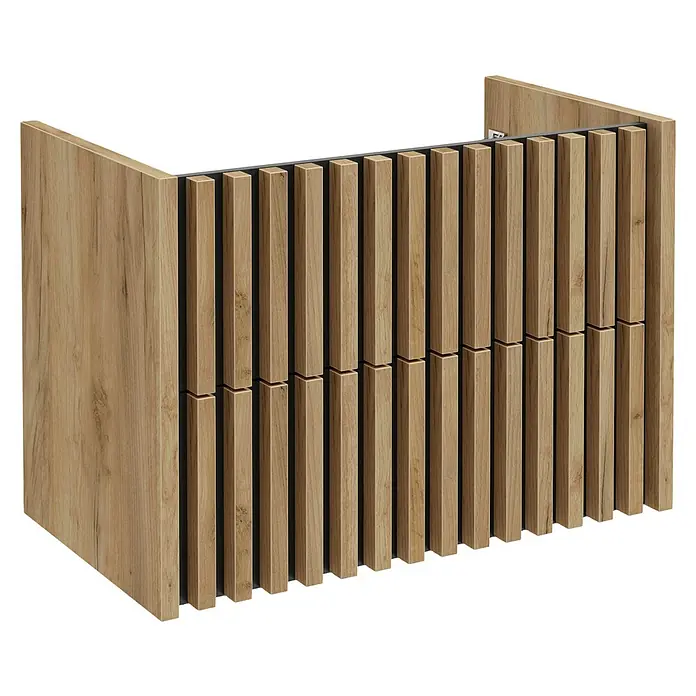 Badmöbel-Set Line - 81 cm, Gold Craft Eiche/Schwarz, Strukturiert - Eine moderne Waschtischunterschrank-Front mit Lamellenstruktur in Holzoptik. Das Möbelstück besticht durch sein stilvolles Design.