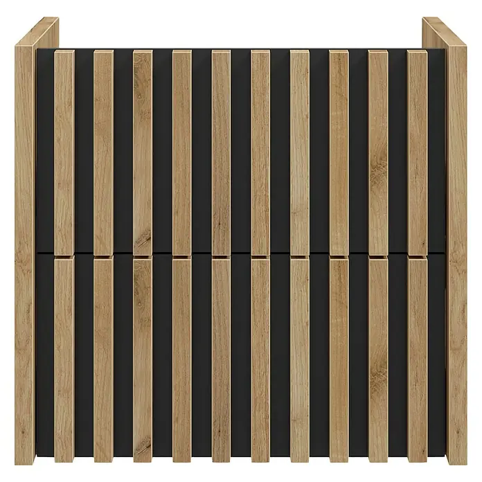 Badmöbel-Set Line - 61 cm, Gold Craft Eiche/Schwarz, Strukturiert - Ansicht einer Holzkommode mit Lattenmuster und schwarzem Hintergrund, die ein modernes und stilvolles Design aufweist.