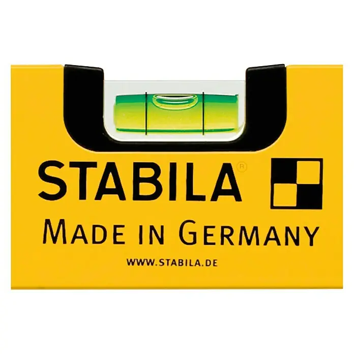 Stabila Wasserwaage Type 70 W - Länge: 80 cm, Anzahl Libellen: 2 Stk. - Produktbild einer gelben Wasserwaage der Marke Stabila, hergestellt in Deutschland, mit sichtbarer Libelle und Logo.