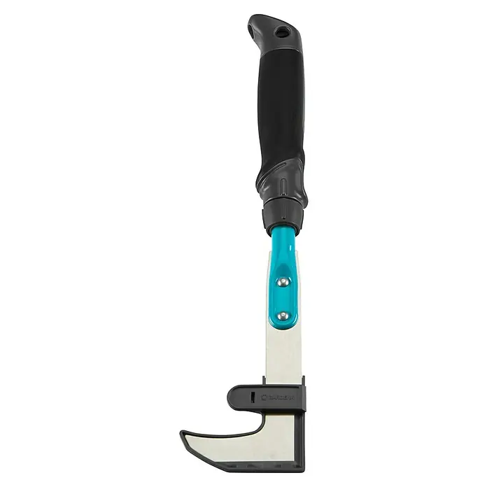 Gardena Comfort Hand-Fugenkratzer - Stahl - Nahaufnahme eines Gardena Fugenkratzers mit schwarzem Griff und blaugrünem Hals, der mit zwei Bolzen an einer weißen Klinge befestigt ist.