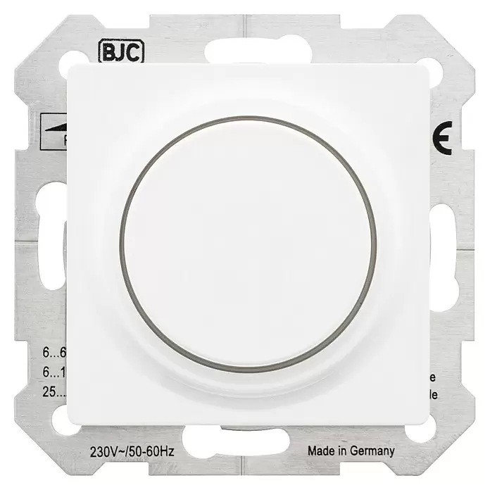 Siemens DELTA Mega Dimmer 6-60W SIE044134 - Polar Weiß, Schrauben - Weißes, rundes Elektro-Schalter- oder Dimmer-Modul mit Metallrahmen. Spezifikationen BJC, 230V~/50-60Hz, Made in Germany.