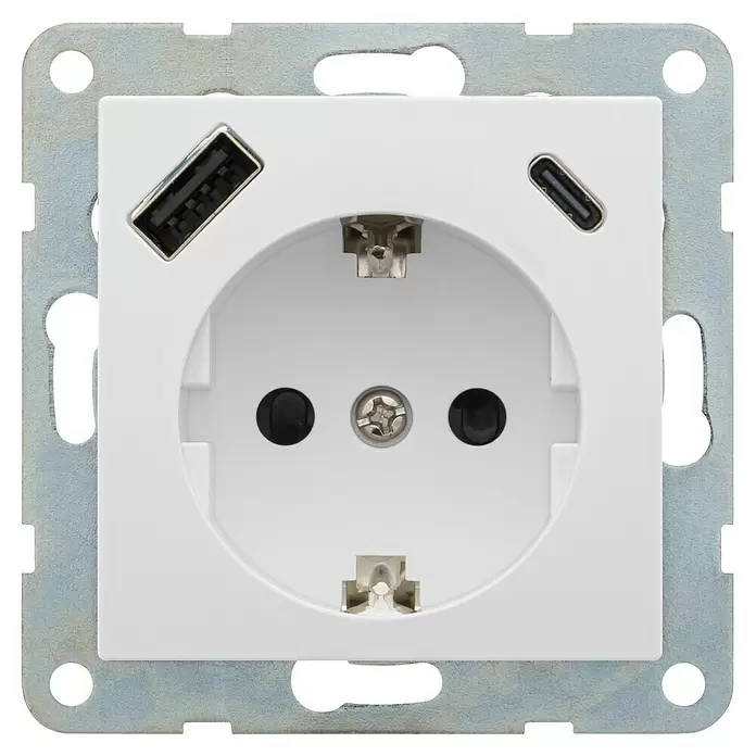Siemens DELTA Viva USB-Steckdose USB A & USB C SIE044523 - Polar Weiß, Glänzend, Kunststoff, Unterputzmontage - Weiße Schuko-Steckdose mit integrierten USB-A- und USB-C-Ladeanschlüssen, auf Metallrahmen.