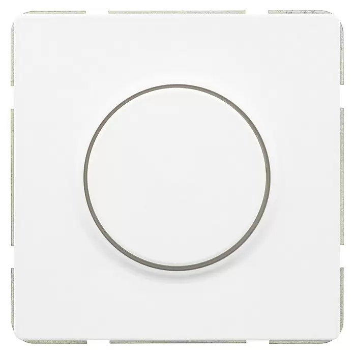 Siemens Delta Style Dimmer SIE044325 - Polar Weiß, Schrauben - Weißer quadratischer Lichtschalter mit einem zentralen grauen Kreisring.