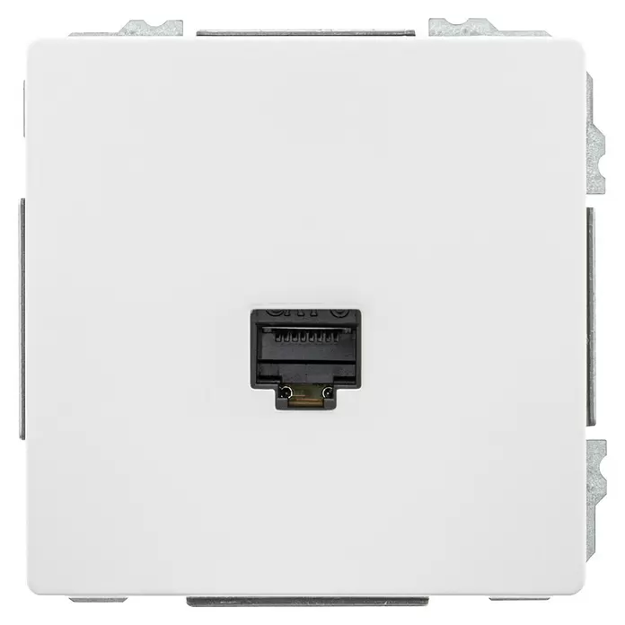 Siemens Delta Style Netzwerk-Anschlussdose RJ45 SIE044295 - Polar Weiß, Glänzend, 1 Stk. - Weißer Datensteckdosen-Abdeckrahmen mit schwarzer RJ45-Ethernet-Buchse.