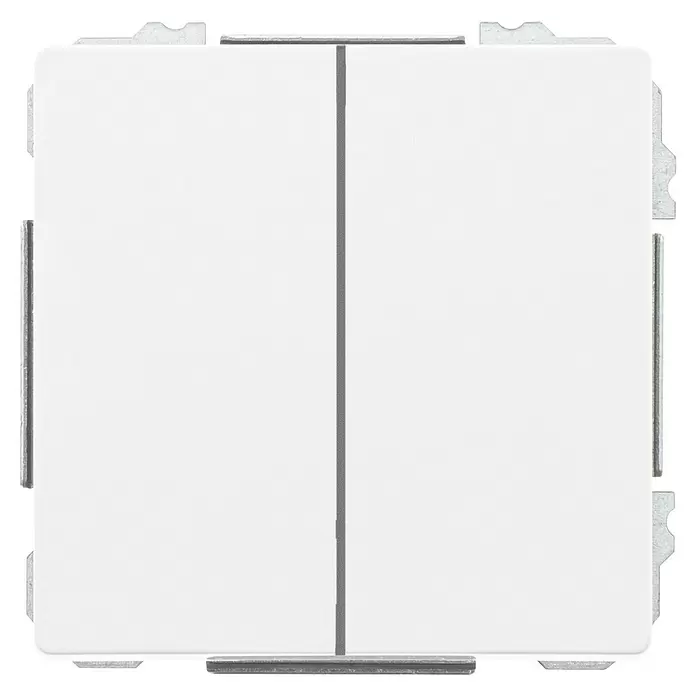 Siemens Delta Style Serienschalter SIE044202 - Polar Weiß, Glänzend, Unterputzmontage, 10 A - Weißer Doppellichtschalter mit grauem Mittelsteg und Befestigungselementen.