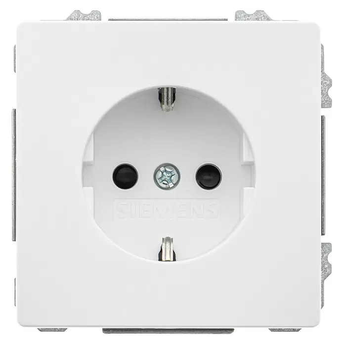 Siemens Delta Style Steckdose SIE044264 - Polar Weiß, Glänzend, Kunststoff, Unterputzmontage - Weiße Siemens Schuko-Steckdose mit zwei runden Öffnungen, Schutzkontakten und einer Zentralschraube.