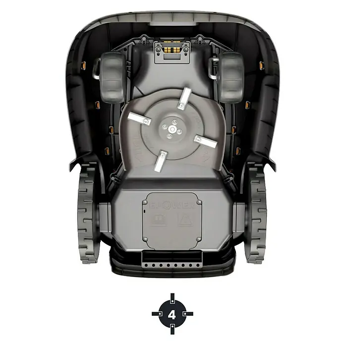 Stiga Mähroboter A750 - 900 m², Schnittbreite: 18 cm, Satellitengestützte Navigation, RTK - Nahaufnahme des Stiga Mähroboters mit Blick auf das Schneidwerk, die Räder und das EPOWER-Batteriefach.