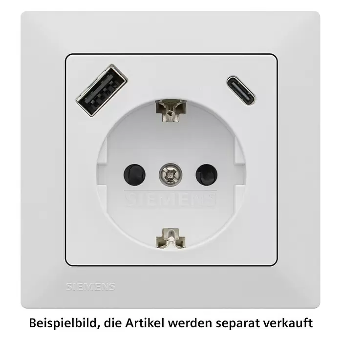 Siemens DELTA Mega USB-Steckdose USB A & USB C SIE044080 - Polar Weiß, Glänzend, Kunststoff, Unterputzmontage - Weiße Siemens-Steckdose mit Schuko-Anschluss, USB-A- und USB-C-Ladebuchsen.