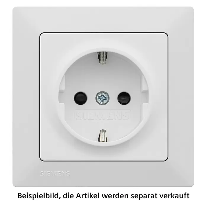Siemens DELTA Mega Abdeckrahmen SIE044141 - Polar Weiß, 1-fach, Kunststoff, Schrauben - Weiße Siemens Schuko-Steckdose mit schwarzen Einsätzen, metallischen Erdungskontakten und einer Zentralschraube.