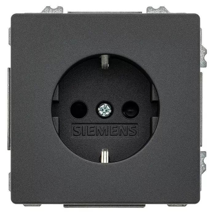 Siemens Delta Style Steckdose SIE044424 - Anthrazit Cosso, Glänzend, Kunststoff, Unterputzmontage - Dunkelgraue Siemens Schuko-Steckdose mit texturierter Oberfläche und Zentralschraube.