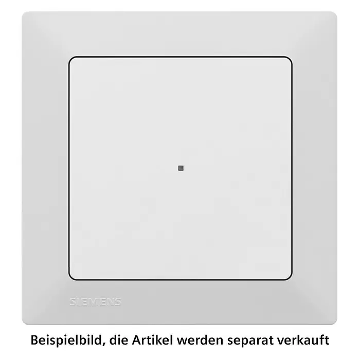 Siemens DELTA Mega Wechselschalter mit Glimmlampe SIE044042 - Polar Weiß, Glänzend, Unterputzmontage, 10 A - Hellgraue quadratische Siemens Abdeckplatte mit vertieftem Innenfeld und kleinem dunklem Mittelelement.