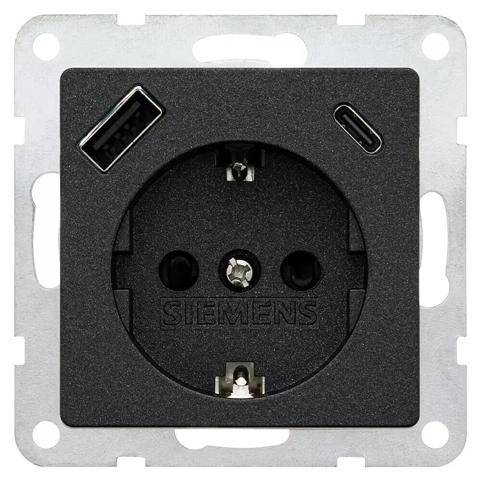 Siemens DELTA Mega USB-Steckdose SIE044530 - Carbon Metallic, Glänzend, Kunststoff, Unterputzmontage - Dunkelgraue Siemens Schuko-Steckdose mit integrierten USB-A und USB-C Anschlüssen auf Metallmontageplatte.